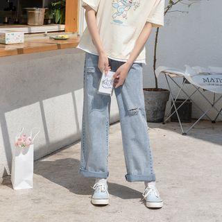 Elastic Waist Wide Leg Straight Leg Ripped Jeans