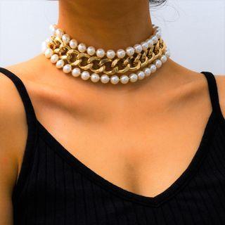 Set Of 3: Chunky Chain Alloy Choker / Faux Pearl Choker 01 - X00771 - Gold - One Size
