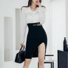Set: Long-sleeve Lace Top + Asymmetrical Pencil Skirt