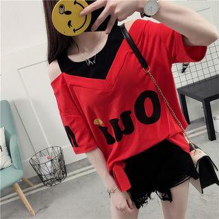 Lettering Cold Shoulder Elbow-sleeve T-shirt
