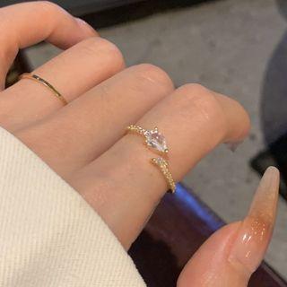 Rhinestone Alloy Open Ring Water Drop - Gold - One Size