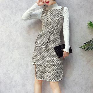 Set: Long-sleeve Mock Neck T-shirt + Tweed Jumper Dress