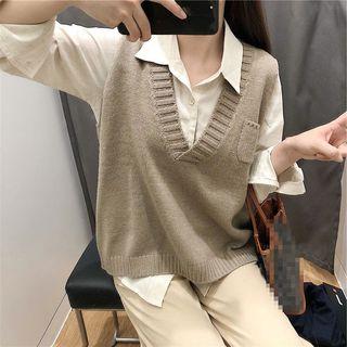 Set: Plain Shirt + Harem Pants + Knit Vest