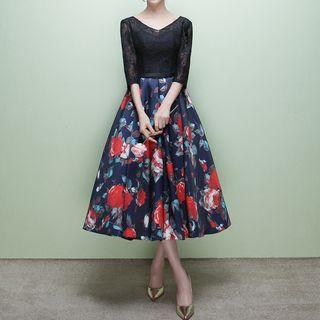 V-neck Lace Panel Floral Print Midi Cocktail Dress