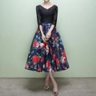 V-neck Lace Panel Floral Print Midi Cocktail Dress