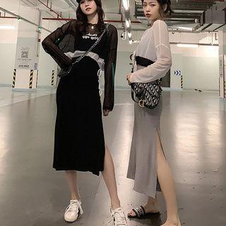 Set: Lettering Long-sleeve Top + Strappy Midi Dress