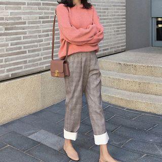 Set: Plain Sweatshirt + Cropped Cuffed Plaid Straight-leg Pants