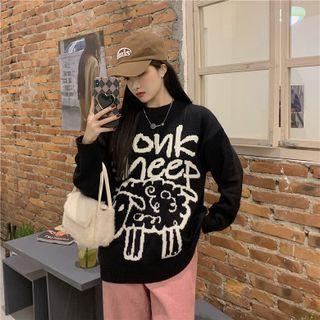 Lettering Cartoon Jacquard Sweater Beige Lettering - Black - One Size