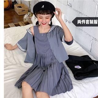 Sleeveless Pleated Mini Dress / Elbow-sleeve Striped Trim Shirt