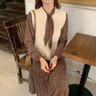 Floral Chiffon Long-sleeve Dress / Plain Knit Vest