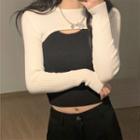 Long-sleeve Cropped Knit Top / Spaghetti Strap Top Long Sleeve Top - White - One Size / Spaghetti Strap Top - Black - One Size