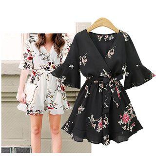 Floral Print V-neck Elbow-sleeve Playsuit