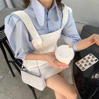 Puff-sleeve Plain Shirt / Denim Mini Pinafore Dress / Set