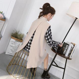 Set: Long Knit Vest + Plaid Shirt