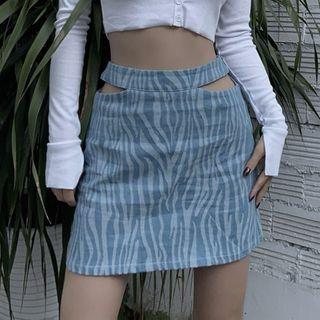 Zebra Print Cutout A-line Denim Skirt