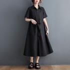 Elbow-sleeve Midi A-line Shirtdress Black - One Size
