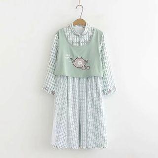 Mock Two-piece Plaid 3/4-sleeve Dress Green - One Size