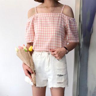 Plaid Off-shoulder Spaghetti Strap Short-sleeve Top