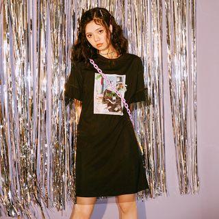 Print Short-sleeve Mesh Overlay T-shirt Dress