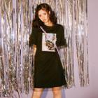 Print Short-sleeve Mesh Overlay T-shirt Dress