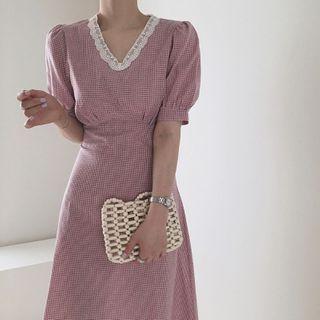 Puff-sleeve Lace Trim Open Back Plaid Dress
