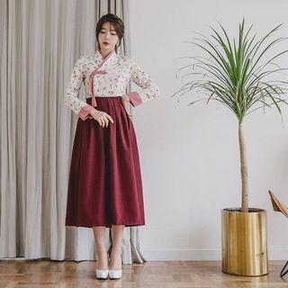 Set: Hanbok Top (floral / Ivory) + Skirt (midi / Wine Red)