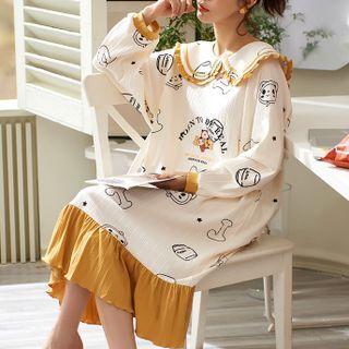 Peter Pan Collar Long-sleeve Cartoon Print Sleep Dress