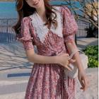 Contrast Collar Short-sleeve Floral Blouse / Midi A-line Dress
