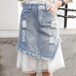 Mesh Panel Fitted Denim Skirt