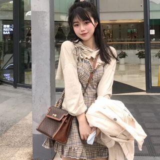 Cropped Hoodie / Spaghetti Strap Plaid Mini A-line Dress