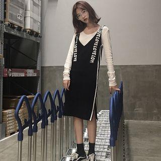 Striped Lettering Strap Knit Pinafore Dress
