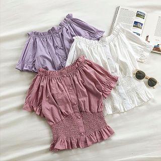 Plain Frilled Off-shoulder Short-sleeve Top