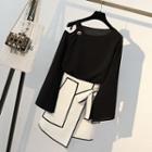 Set: Long-sleeve Cut-out T-shirt + Piped Wrap Mini A-line Skirt
