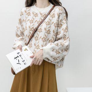 Lantern-sleeve Round-neck Jacquard Knit Top
