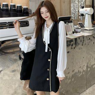 Tie-neck Blouse / Mini A-line Pinafore Dress / Set