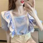 Lace Trim Ruffled Plaid Puff-sleeve Blouse Light Blue - One Size