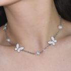Butterfly Faux Pearl Alloy Choker Silver & White - One Size