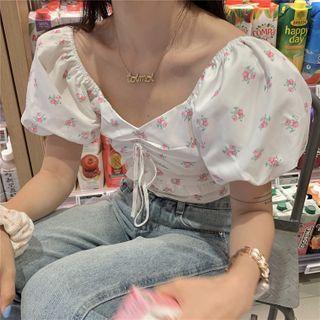 V-neck Floral Print Bow-detail Cropped Blouse