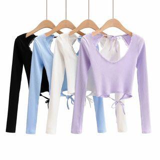 Long-sleeve V-neck Lace Trim Crop Top