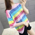 Elbow-sleeve Lettering Striped Knit Top