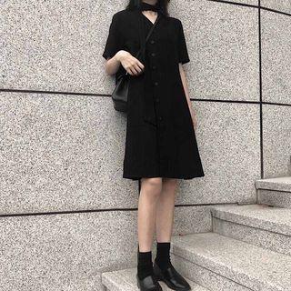 Button Front V-neck Shirt Dress