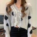 Dotted Lace Trim Cropped Cardigan Black Dots - Gray - One Size