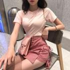 Short-sleeve Cropped T-shirt / Plaid A-line Skorts