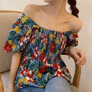 Flower Print Off-shoulder Short-sleeve Blouse