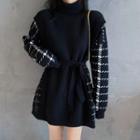 Mock Two-piece Long-sleeve Houndstooth Knit Dress Black - One Size