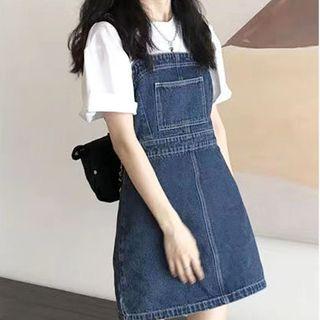 Short-sleeve Plain T-shirt / Spaghetti Strap Denim Mini Dress