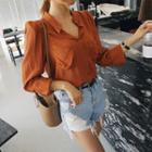 Mandarin-collar Dual-pocket Blouse