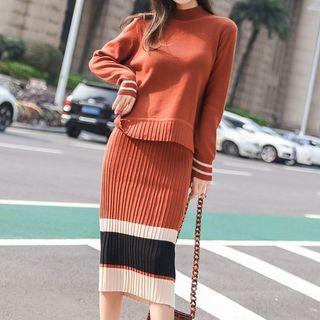 Set: Long-sleeve Mock-neck Knit Top + Midi Fitted Knit Skirt