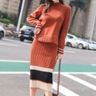 Set: Long-sleeve Mock-neck Knit Top + Midi Fitted Knit Skirt