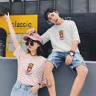 Couple Matching Embroidery Striped T-shirt
